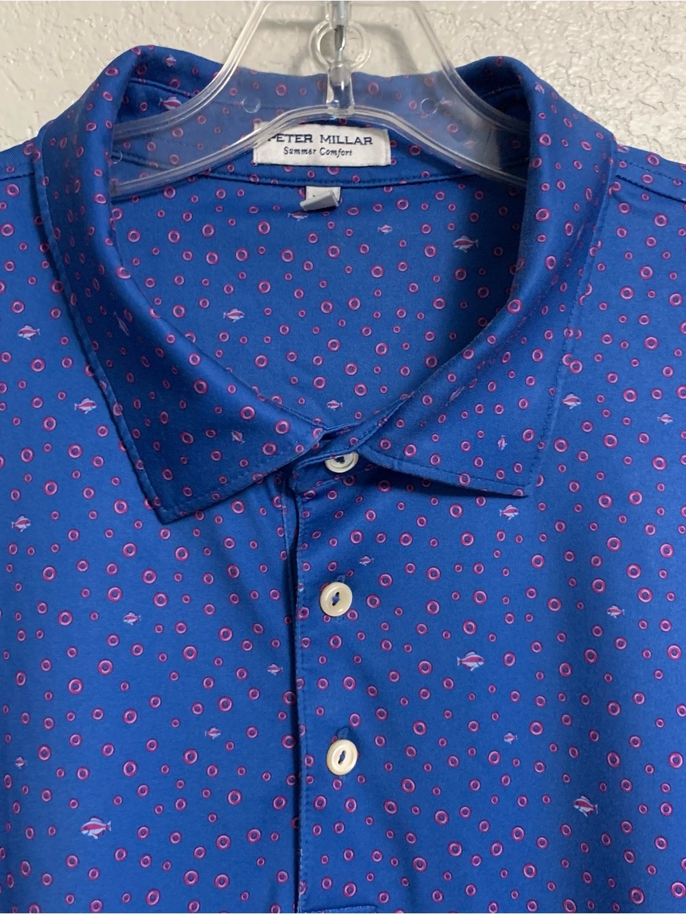 Peter Millar Golf Shirt Polo Mens XXL Summer Comfort Performance AOP Fish Blue